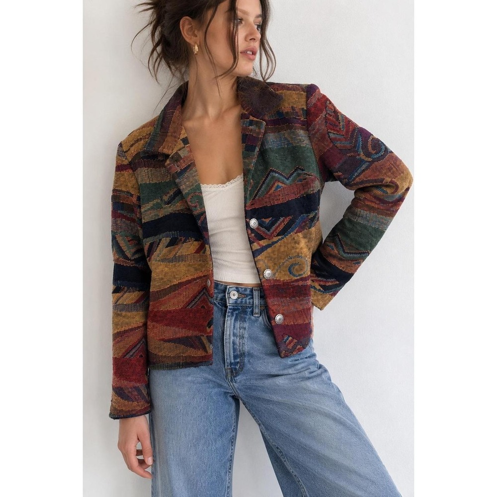 VTG 90s Southwestern Chenille Tapestry Boho Blazer Jacket S
